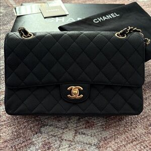 CHANEL Small Black Caviar Classic Flap Bag with Gold Chain